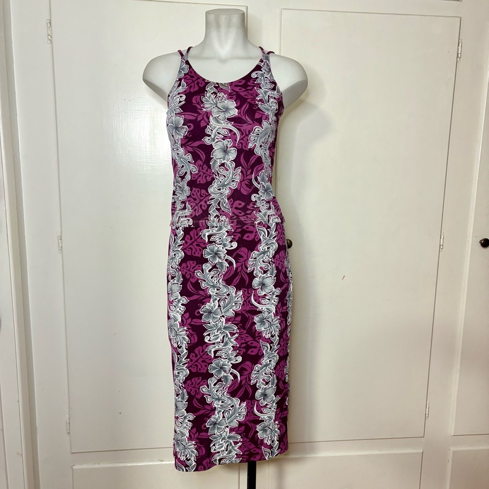 Vintage 90s Purple Hawaiian Floral Two Piece Cropped Tank and Skirt Set